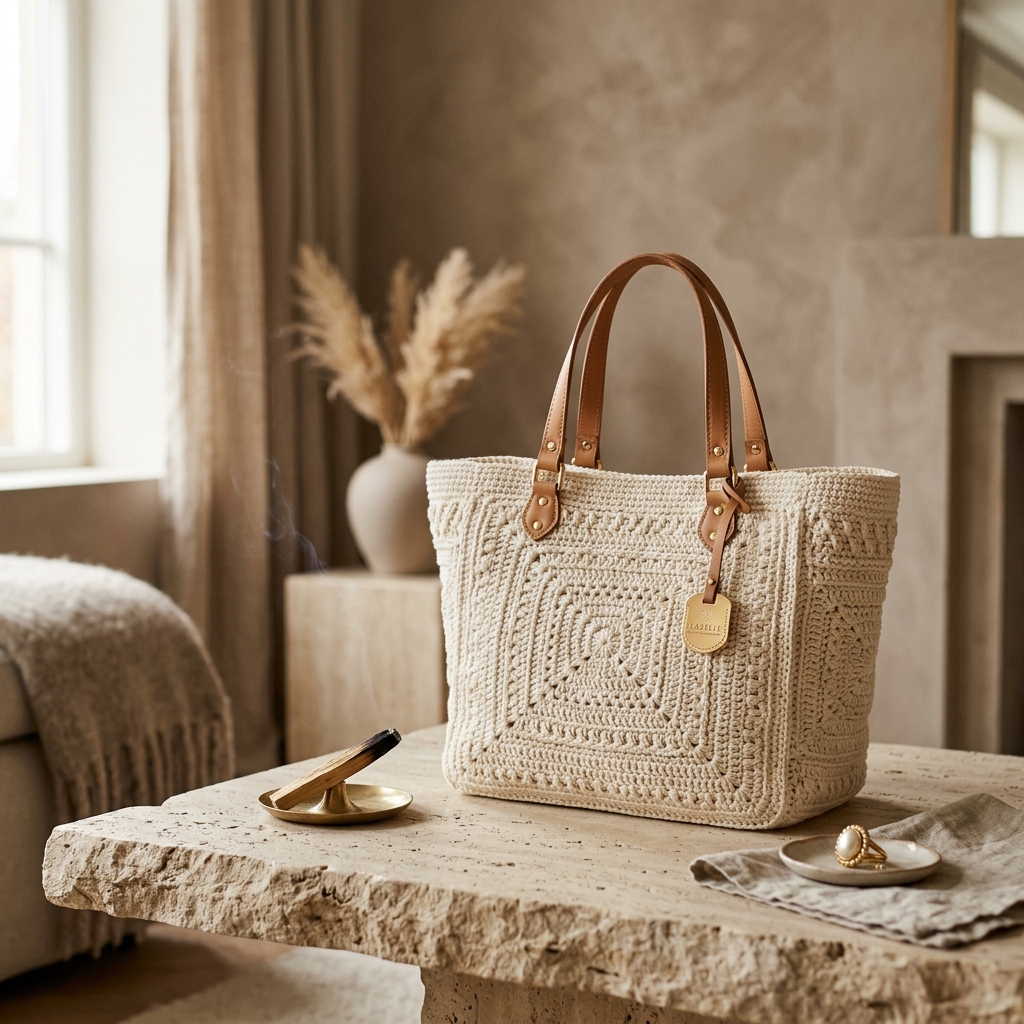 Handmade crochet bag on elegant table