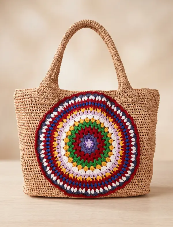 Mandala motifli krem rengi el örgüsü rafya tote çanta