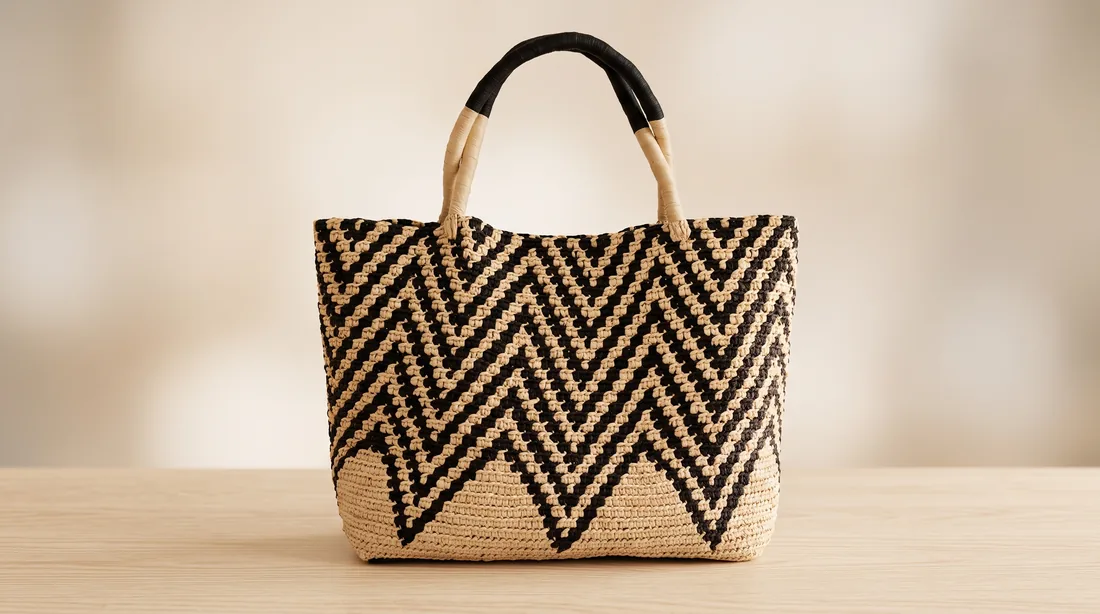 Krem ve siyah zigzag desenli el örgüsü tote çanta